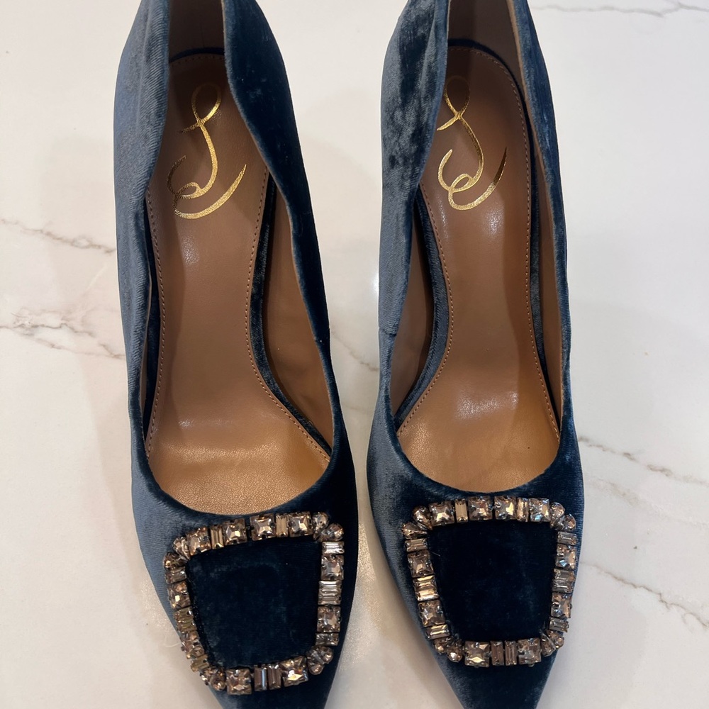 Sam Edelman Harriett Blue Velvet Embellished Heels